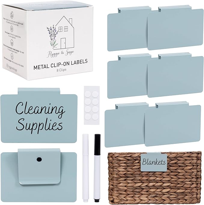 Hygge & Sage: Metal Bin Labels for Home Organization | Non-Slip Basket Clips for Storage Bins, Baskets, or Wire Racks | Includes 8 Labels, 8 Non-Slip Pads, and 2 Free Markers (Blue)