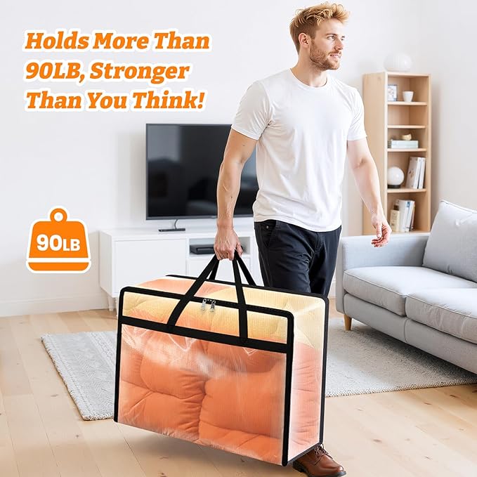 BlissTotes 4 Pack Clear Clothes Storage Bags, Moving Bags, Foldable Blanket Storage Under Bed Storage Containers with Sturdy Zipper and Handle for Clothing, Comforter, Bedding, Sheet (90L)