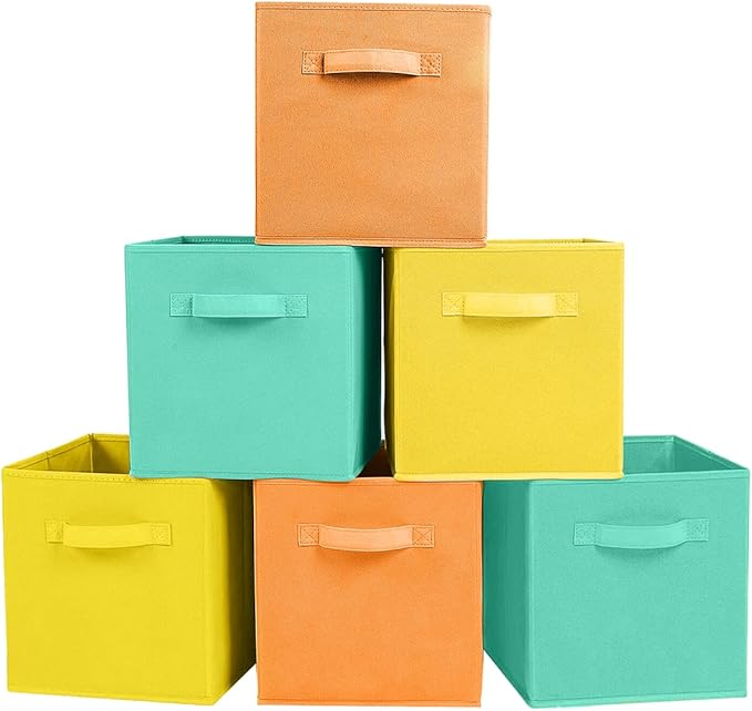 ShellKingdom Storage Bins, Foldable Fabric Storage Cubes and Cloth Storage Organizer Drawer for Closet and Toys Storage, 6 Pack (Mint Green+Orange+Yellow)