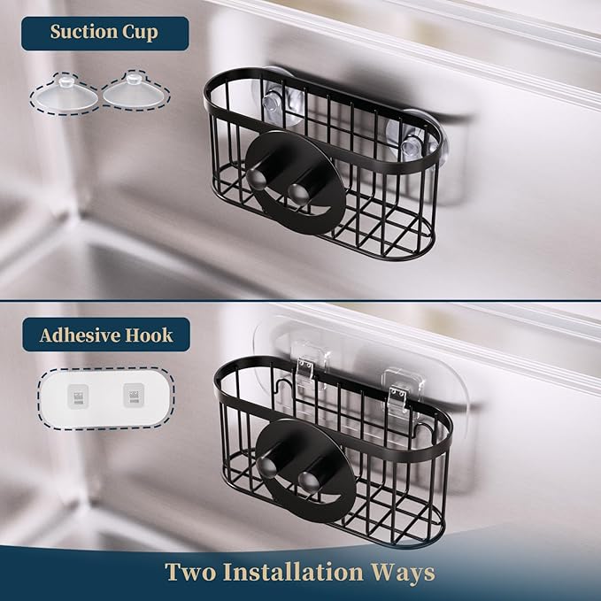 Consumest Sponge Holder Smiley Face - Kitchen Sink Caddy, Sink Organizer with Removable Suction Cups & Adhesive Strips, Suit for Sponge, Soap, Black