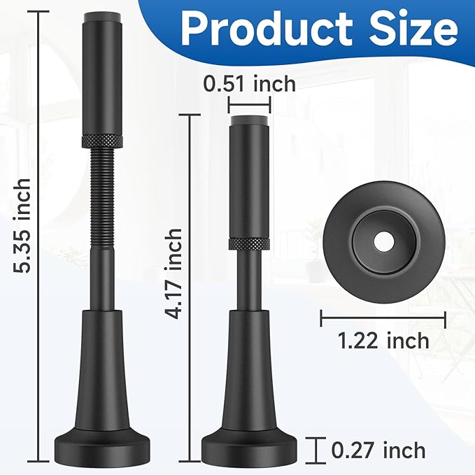 1pcs Adjustable Spring Door Stops, 4.17-5.35in Aluminum Long Door Stoppers with Silicone Tip, Matte Black Door Stop for Bottom of Door, Screw & Adhesive Installation, Black