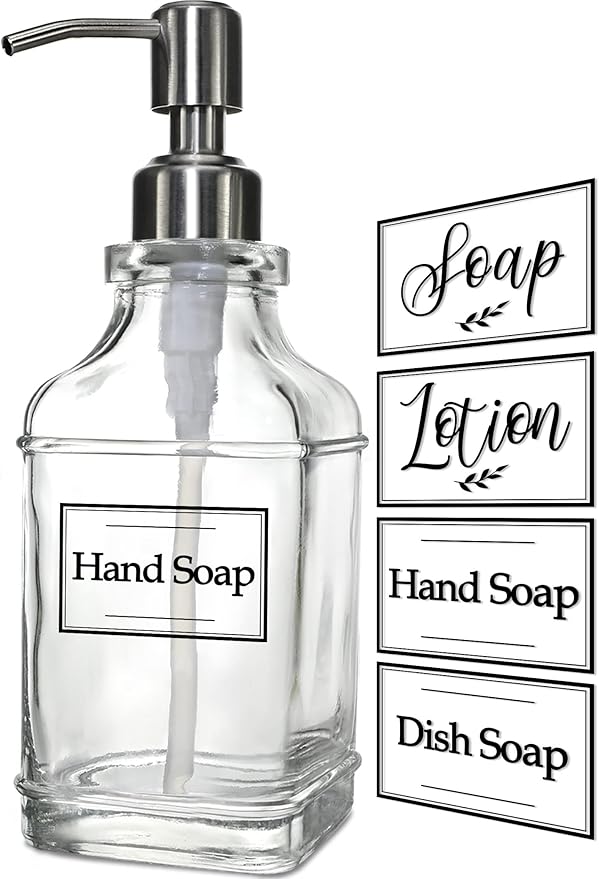 JASAI Antique Design Soap Dispenser with Rust Proof 304 Stainless Steel Pump, Refillable Glass Soap Dispenser with 10Pcs Clear Stickers, Premium Kitchen & Bathroom Soap Dispenser
