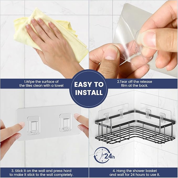 6 Pack Corner Shower Caddy Adhesive Replacement, Shower Shelf Adhesive Strips, Strong Hooks for Bathroom Storage (for Hang Metal bar Corner Caddy)