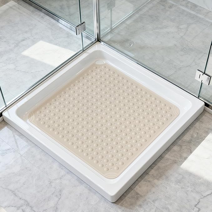 OTHWAY Square Shower Mat 32x32, TPE Non-Slip Shower Mats with Drain Holes and Suction Cups, Walk-in Mat for Inside Shower Stall, Anti-Slip for Elderly Kids (Apricot)