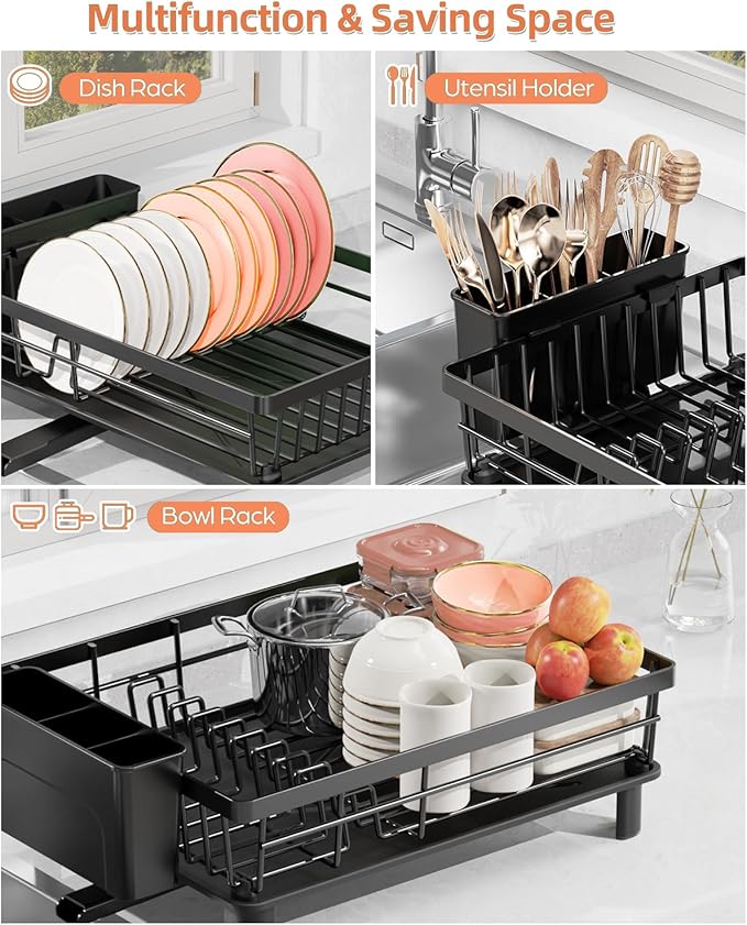 Dish Drying Rack, Stainless Steel Drainer Rack with Drainboard with Smart Drainage System, Space Saving Dish Strainer for Kitchen Counter with Cutlery Holder, Black