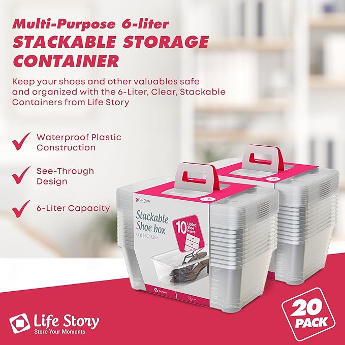 Life Story 20 Pack Plastic Storage Boxes, Stackable Organizer Tote Containers, 6 Liter