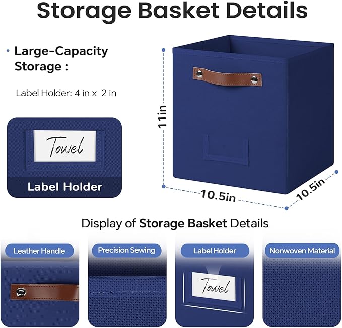 6-Pack Storage Cubes with Handles & Label Holders Basket, Closet Cube Home Organizer Bins(Blue, 10.5*10.5*11 inch)