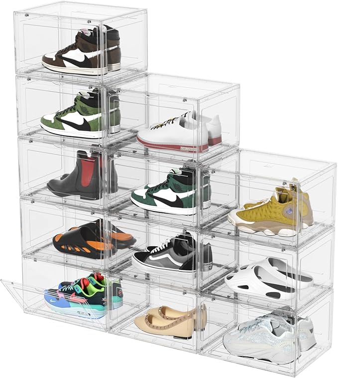 Haodehen 12 Packs Large Plastic Clear Shoe Boxes with Magnetic Door, Acrylic Display Case, Stackable Shoe Storage Organizer Container for Boot Sneaker