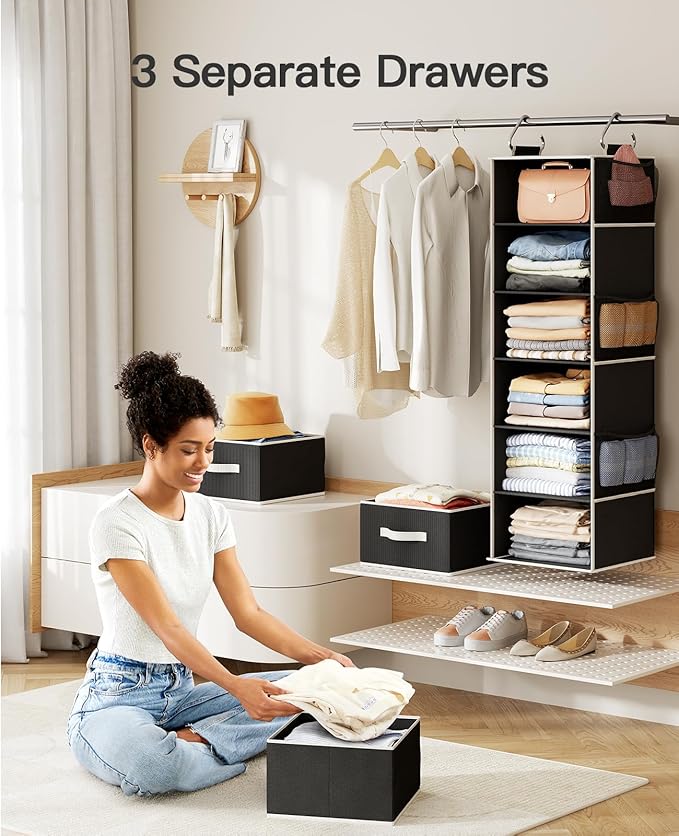 Pipishell Hanging Closet Organizer 6-Shelf, Hanging Shelves for Closet with 3 Removable Drawers & Side Pockets for Bedroom, Garment Rack and Wardrobe Organization, 12' x 12' x 43.3', Black