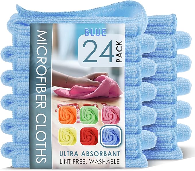 Hearth & Harbor Microfiber Cleaning Cloth, Microfiber Towels for Cars 24 Pack Washcloths, Blue Cleaning Rags, Reusable Microfiber Towel, Microfiber Cloth Rags for Cleaning, Lint Free Cloth