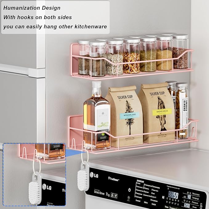 Magnetic Spice Rack for Refrigerator,8 Pack Magnetic Fridge Shelf, Moveable Spice Organizer with Hook Rack, Paper Towel Holder, Utensil Holder,cup lid holder, Super Magnetic Rack Set (Pink)