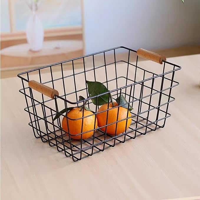 4 Pack Black Metal Wire Storage Baskets, Pantry Baskets for Organizing, Wire Food Storage Basket Organizer with Wooden Handles for Kitchen, Pantry, Freezer - 29 x 22 x 12cm