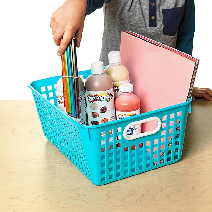 Really Good Stuff Large Plastic Storage Baskets with Handles, 13.75" x 9.75" x 5", Neon Group Colors, for Books & Supplies, Organize Classroom & Home