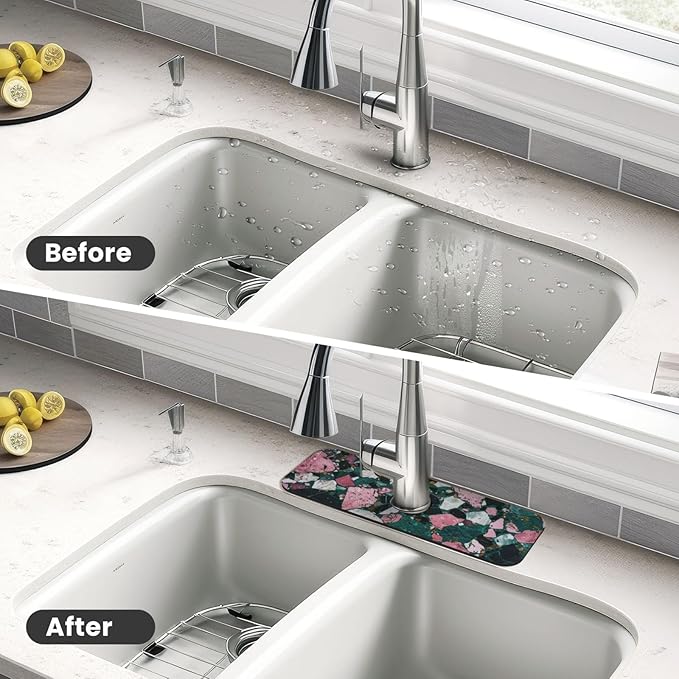 Faucet Draining Mat For Kitchen Sink, Terrazzo Dark Green Diatom Mud Absorbent Drain Pad For Bathroom Kitchen Sink Splash Guard Drying Mat