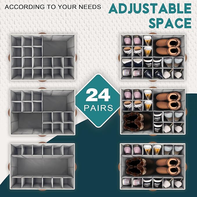 Shoe Organizer for Closet, Foldable Shoe Storage Bins with Clear Cover, Space Saving Shoes Holder with 4 Handles, Large Adjustable Shoe Box Storage Containers, Fits 12-24 Pairs, 2 Pack, Beige