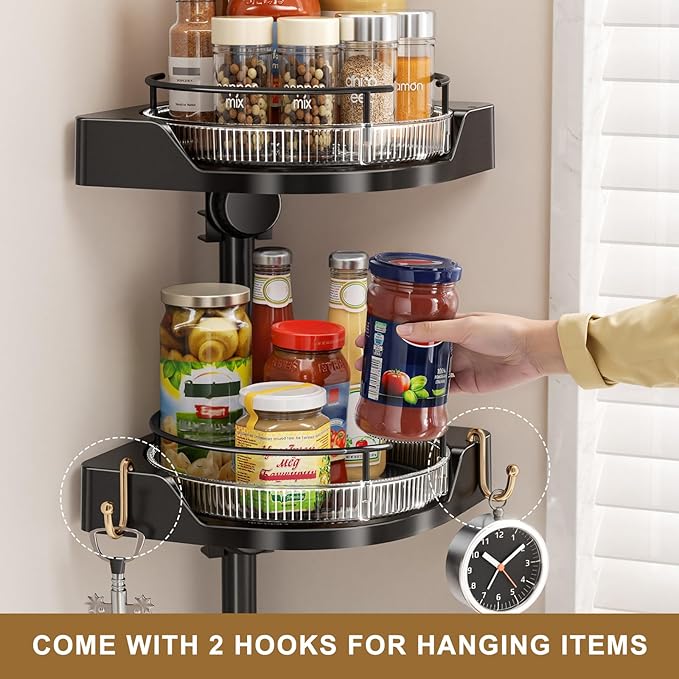 2-Tier Corner Spice Rack Organizer – 360° Rotatable, 19.68-43.5" Height Adjustable, 11LBS Load-Bearing with Hooks – Space-Saving for Kitchen Counter/Cabinet Gaps, Tame Seasoning Clutter (Black)