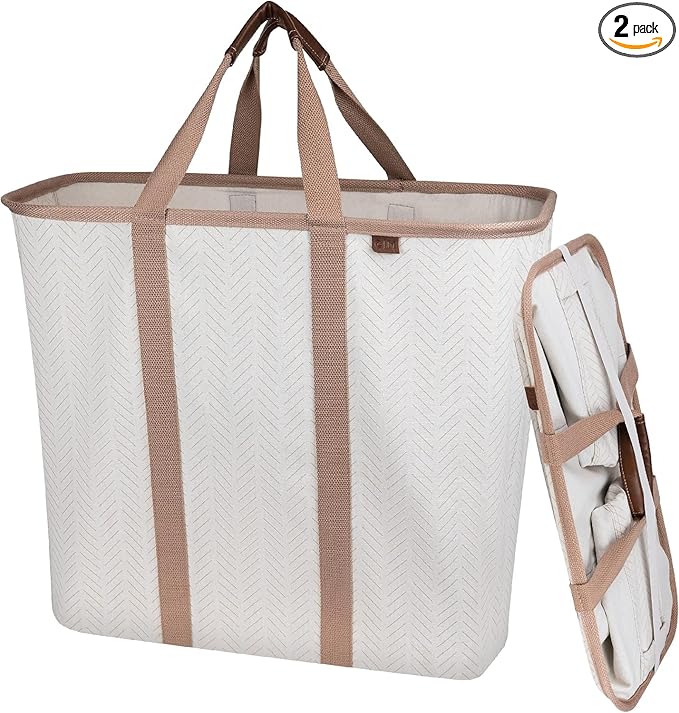 CleverMade Collapsible Laundry Caddy -LUXE Cream Herringbone 2Pack 64L -Foldable Storage Organization Container Clothes Laundry Room Storage Solution