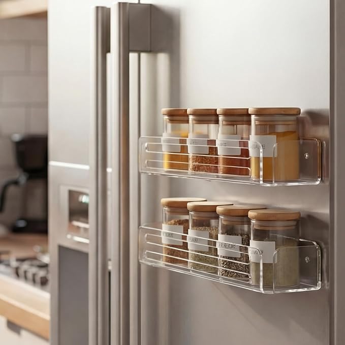 Novabright 2 Pack Magnetic Acrylic Spice Rack for Refrigerator Magnetic Fridge Shelf Storage Holder 11.8 Inch Clear Spice Seasoning Organizer for Cabinet Door, Cupboard or Wall Kitchen