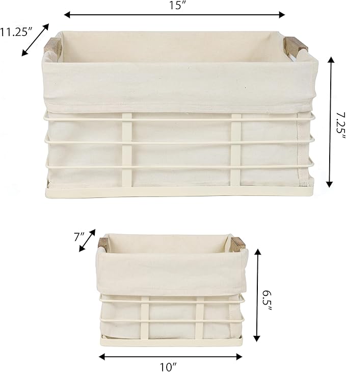 happimess BSK3002C-3SET Callan Vintage Industrial Wire Metal Nesting Storage Baskets with Wood Handles and Fabric Liner, for Shelves, Cabinets, Pantry, Countertop, Mesh Open Bin, Almond (Set of 3)