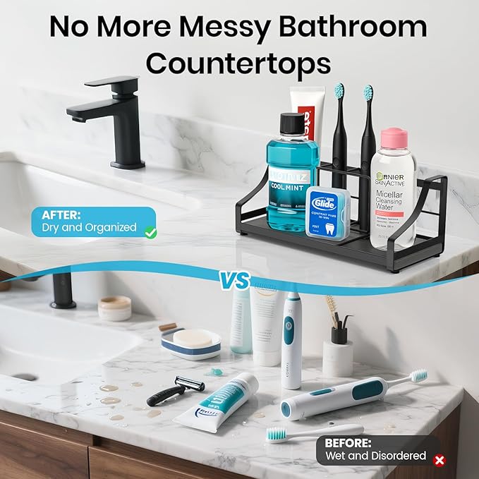 BOTEMY Toothbrush Holder with Instant Drying Stone - Bathroom Counter Organizer, Diatomite Electric Toothbrush Toothpaste Holders, Bathroom Sink Organizers and Storage,Black