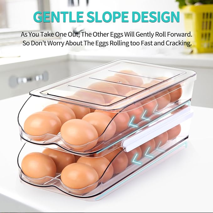 Egg Holder for Fridge, Automatic Rolling Egg Container for Refrigerator, Stackable Fridge Organizers and Storage with Lid, Clear Plastic Egg Dispenser & Tray (2 Tier)