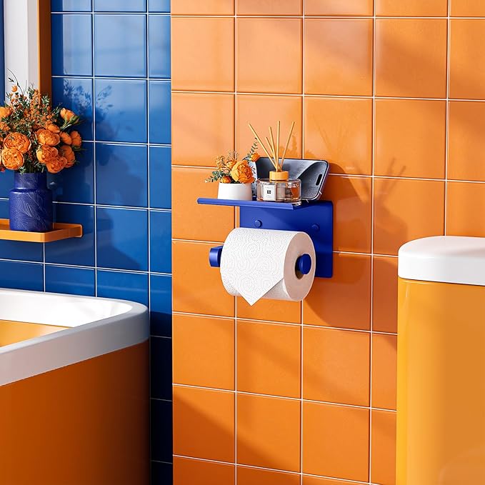 Tindbea Toilet Paper Holder with Shelf Adhesive or Screw Wall Mounted Toilet Paper Roll Dispenser Storage, Stainless Steel Bathroom Shelf Holder Accessories (Klein Blue)