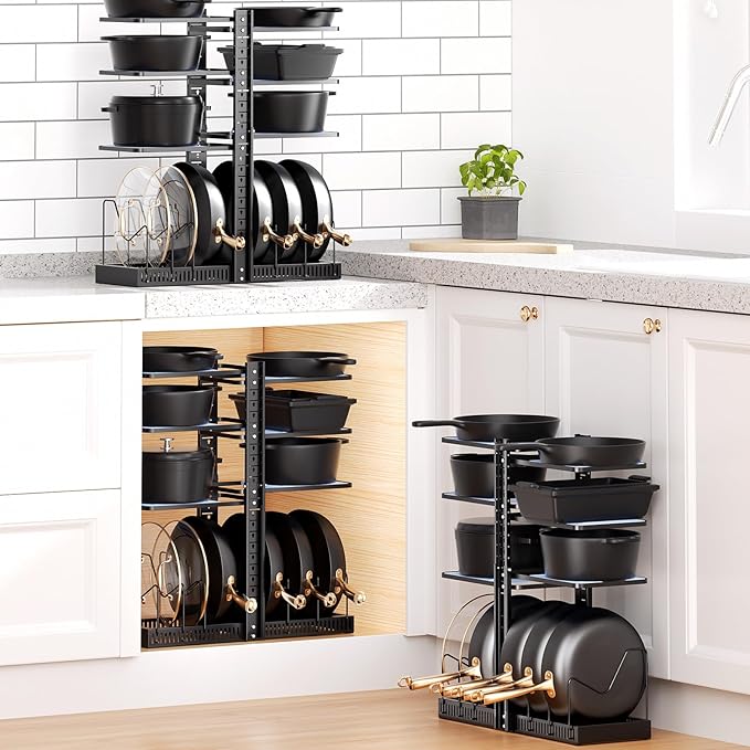 LAMU Pots and Pans Organizer under Cabinet, Expandable to 24" H Pan Organizers inside Cabinet for Kitchen Storage, 6 Adjustable Tiers and 6 Pot Lid Organizer Racks, Holds 12 Cast Iron Cookware Black