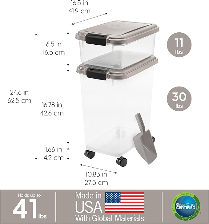 IRIS USA 30 lbs & 11 lbs Combo Airtight Dog Food Storage Container, Stackable Treat Box, 2-Cup Scoop, Wheels, Keep Fresh, Easy Mobility, Chrome