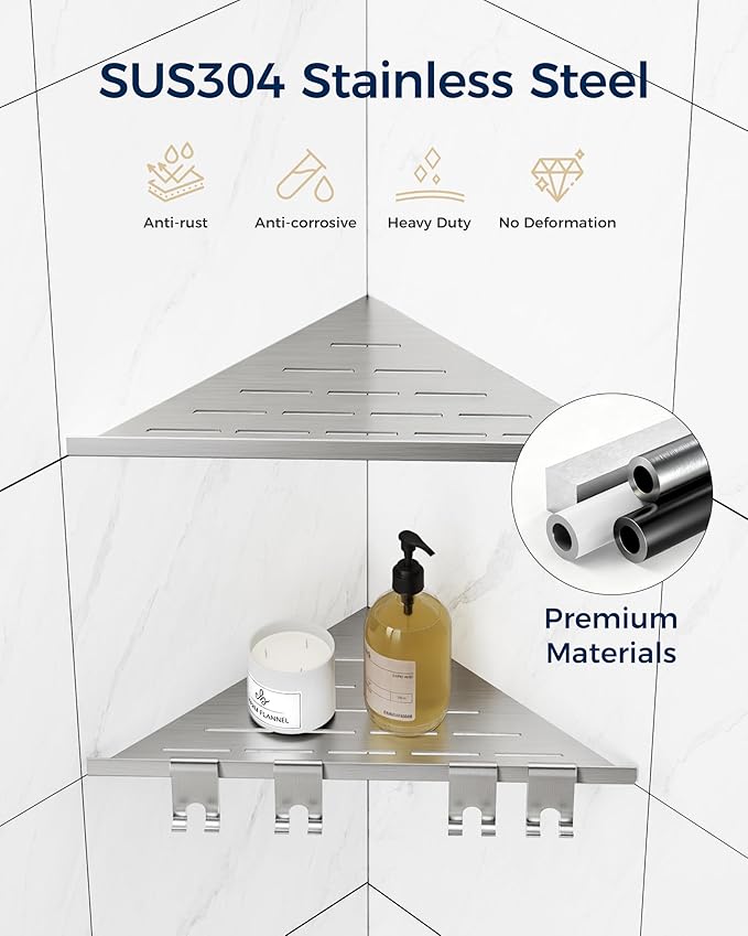 WZKALY Corner Shower Shelf 10'', 304 Stainless Steel Corner Shelf 2 Pack, Grout in Bathroom Shelves for Tiled Wall, Recessed Shower Shelves Caddy with 4 Hooks, No Drilling (Brushed Nickel)