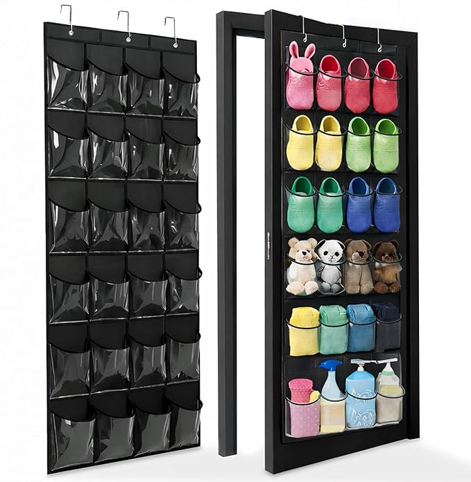 Over The Door Shoe Organizer - Space Saving Shoe Rack for Closet Door with 24 Crystal Clear Pockets and Metal Hooks, Shoe Holder Back of Door Organizers for Shoes, Hanging Shoe Organizer (Black)