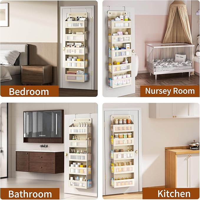 Over The Door Organizer with 5 Large Pockets, Over the Door Storage 10 Side Pocket 44 lb Load Behind Door Storage, Closet Door Organizer Hanging Shelf for Wall Bathroom Bedroom Nursery, 5-Tier Beige