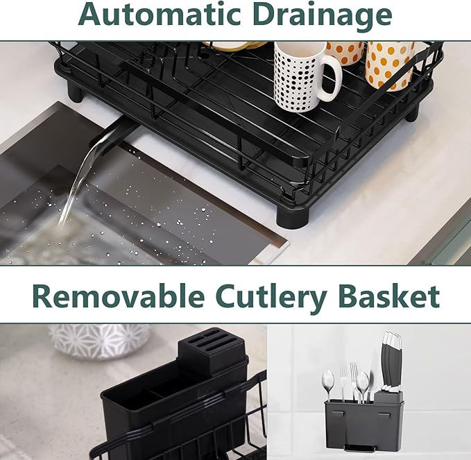 Iron Dish Drying Rack with Drainboard Dish Drainers for Kitchen Counter Extendable Spout Strainers with Utensil Holder and Knife Slots, Grey