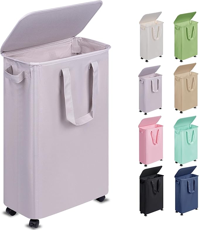 Slim Laundry Hamper with Lid and Wheels, Small Rolling Laundry Basket with Handle for Small Spaces, Tall Dirty Clothes Hampers for Dorm, Bathroom and Bedroom, 55L, Grey