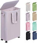 Slim Laundry Hamper with Lid and Wheels, Small Rolling Laundry Basket with Handle for Small Spaces, Tall Dirty Clothes Hampers for Dorm, Bathroom and Bedroom, 55L, Grey