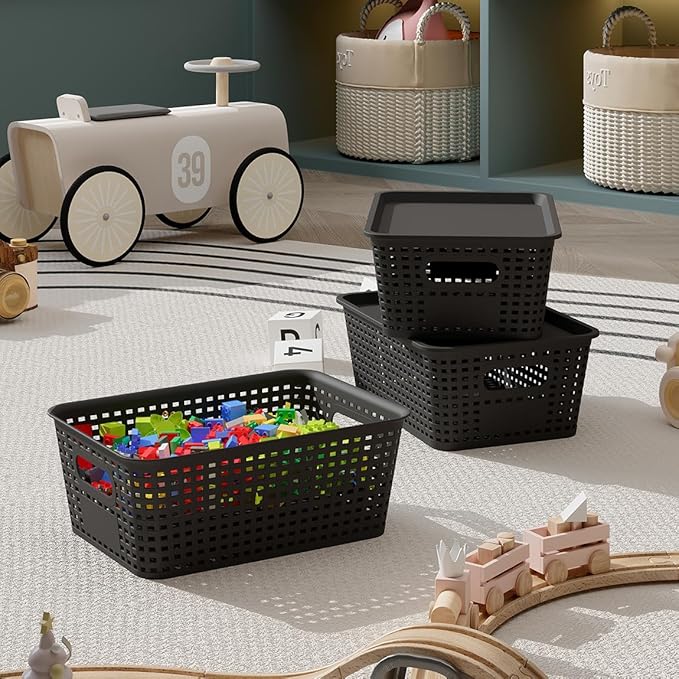 6-Pack Plastic Storage Bins with Lids, Stackable Organizer Baskets & Containers for Pantry, Kitchen, Cabinet, Closet, Bathroom Organization Toys, Space Saving, Easy-Carry Handles,Black
