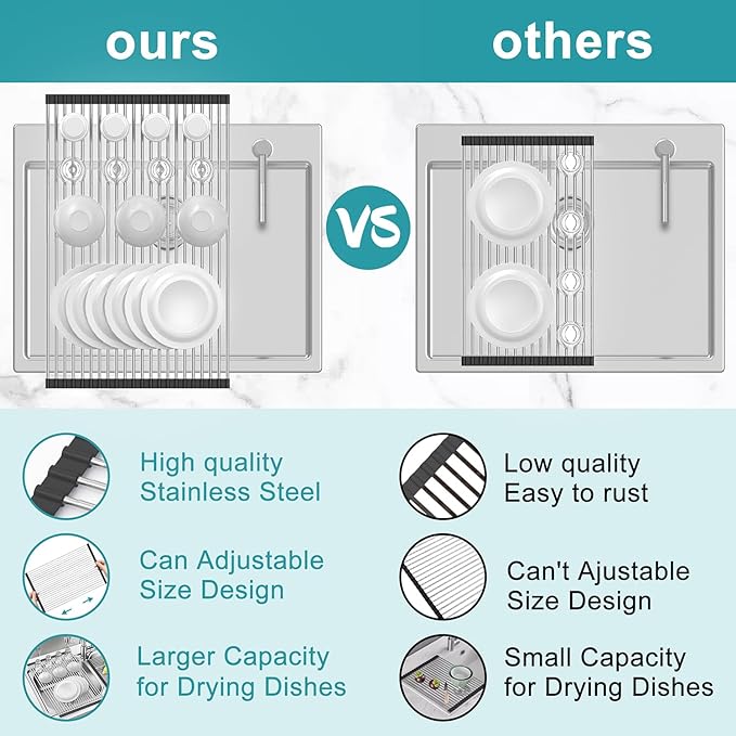 BBXTYLY Extra Large Expandable Roll Up Dish Drying Rack,Over The Sink Drying Rack Sink Cover Kitchen Sink Accessories Kitchen Rolling up Stainless Steel Drainer, Foldable,Rollable（Black，25.1''-17.3''）