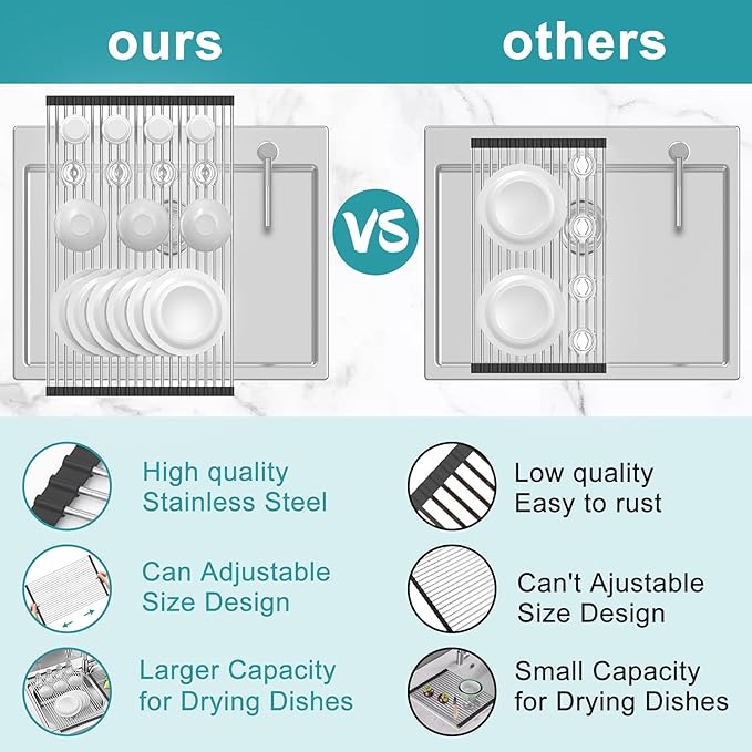 Extra Large Expandable Roll Up Dish Drying Rack,Over The Sink Drying Rack Sink Cover Kitchen Sink Accessories Kitchen Rolling up Stainless Steel Drainer, Foldable,Rollable（Black，25.1''-12.4''）