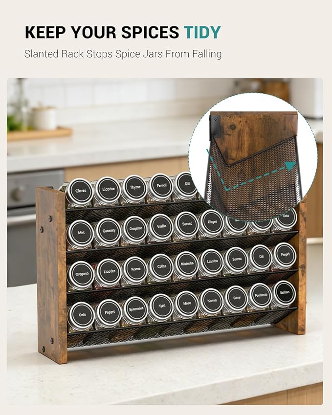 NESAPTO Spice Rack Organizer for Cabinet, Wooden 4 Tier Vertical Seasoning Organizers for Kitchen Pantry, Countertop/Wall Mount, Holds 36 Spice Jars (No Jars Included), 17.2" W × 9.4" H