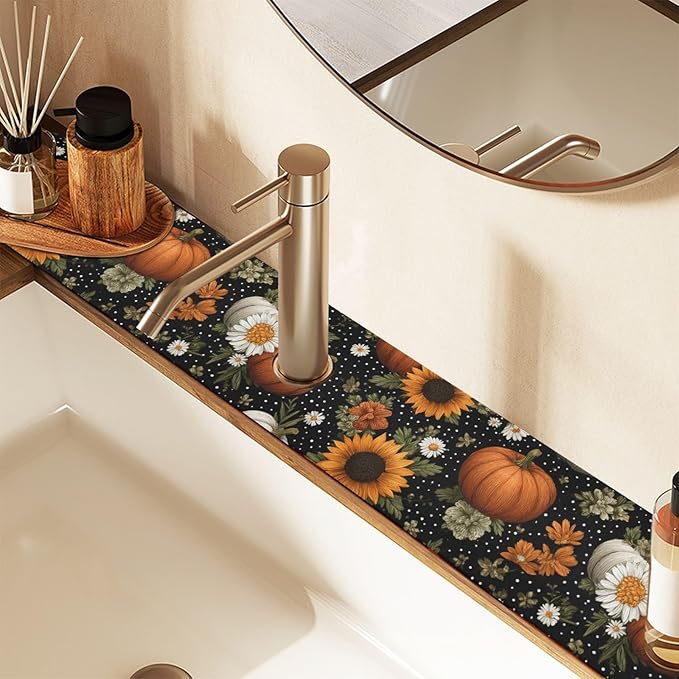 Kitchen Sink Splash Guard 1 PC 14.7 Inch Sink Faucet Mat Splash Guard for Bathroom Countertop Water Absorbent Foldable Cuttable Soft Washable Black Dotty Pumpkins Sunflowers Daisy