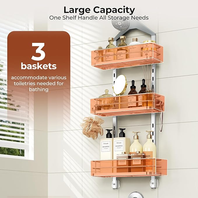 Orimade Aluminum Hanging Shower Caddy Over Head, Adjustable Bathroom Shelf with Hooks, Anti-Slip Rustproof Organizer Storage Rack Basket, Silver, 3 Tier