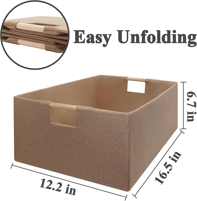 Foldable Fabric Storage Cubes, 2 Packs Cloth Storage Baskets with Wooden Handles, Collapsible Shelf Closet Organizer Bins, Rectangular Storage Boxes for Decor (Coffee Color)