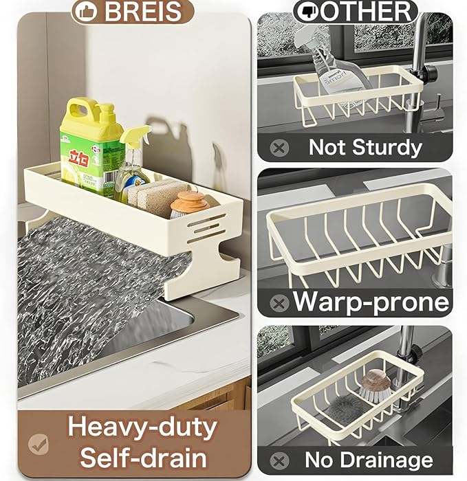 BREIS Sponge Holder for Kitchen Sink, Caddy Organizer with Rag Holder, Countertop Self-Draining Sponge Caddy, Rustproof Sink Storage Rack for Soap Dispenser Storage Accessories (Heavy Duty-White)