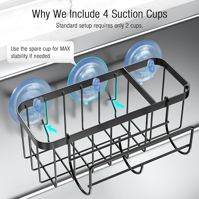3-in-1 Kitchen Sink Caddy Organizer with Sponge Holder, Brush Holder, Extra Rack for Scrubber, Sink Stopper, Dish Cloth Hanger - Strong Dual Suction Cup, 2.0mm SUS304 Stainless Steel - Black