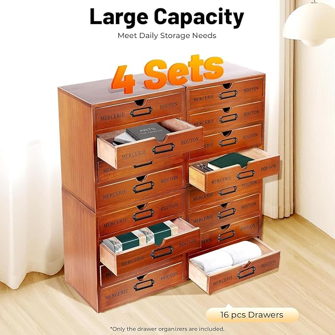Vintage Wooden Drawer Organizer with 16 Drawers, 4-Tier Stackable Desktop Storage Box for Office, Home, Craft Supplies – Compact Space-Saving Design, Sturdy Pine Wood Construction, Built-In Label