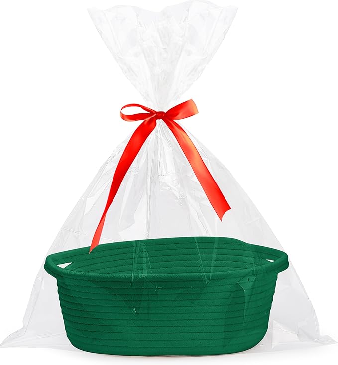 Pro Goleem Small Woven Basket with Gift Bags and Ribbons Durable Baskets for Gifts Empty Small Rope Basket for Storage 12"X 8" X 5" Baby Toy Baskets with Handles, Green