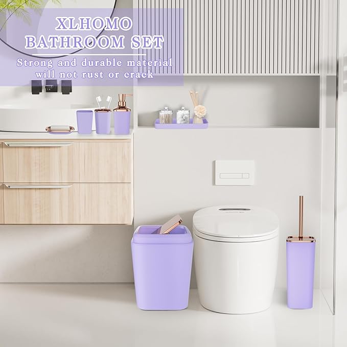 9-Piece Bathroom Accessories Set, Purple Bathroom Accessories Sets Complete with Trash Can,Tray,Soap Dispenser,Toothbrush Holder,Toothbrush Cup,Soap Dish,Toilet Brush and Q-tip Holders