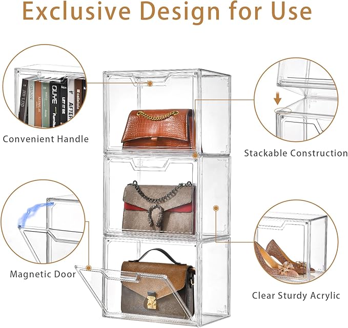 Stackable Storage Bins,Clear Acrylic Display Case, Acrylic Boxes with Lids, Stackable Storage for Handbags & Purse, Magnetic Lid Storage Bins for Home Organization-1 Pack