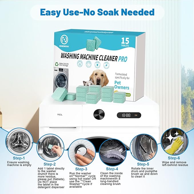 Washing Machine Cleaner, Washer Machine Cleaner Tablets 15 Pcs + Dryer Vent Cleaner Kit 12 Pack, Crevice Cleaning Brush for Bathroom, Shower & Kitchen, All-in-One Multi-Surface Scrubbing Brushes