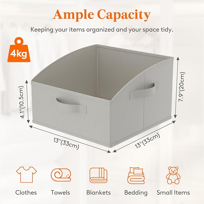 Lifewit Trapezoid Closet Storage Bins for Shelf, 6 Packs Non-woven Closet Organizer Baskets with Handles, Foldable Clothes Containers Boxes for Clothing, Book, Purse, 16L, Medium, Light Gray