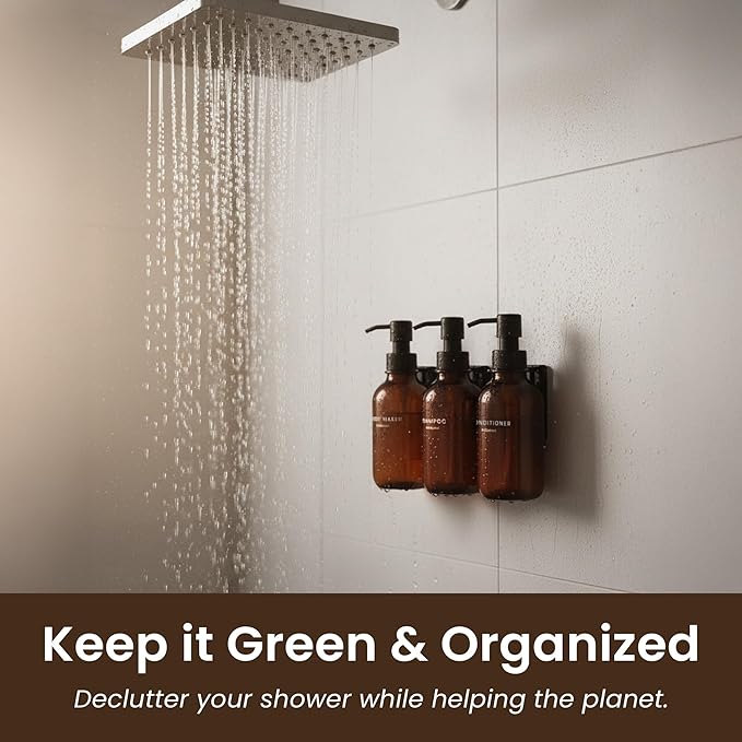 MaisoNovo Shampoo and Conditioner Dispenser - Shower Soap Dispenser Wall Mounted - 16.9 fl oz Set of 3 Amber Plastic Bottles Black Plastic Pump - 3 Chamber No Drill